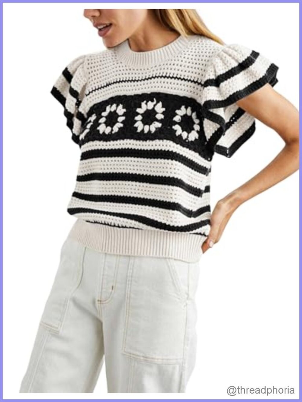 Women's Ruffled Sleeve Knit Pullover Sweater Floral Crewneck Cute Summer Top